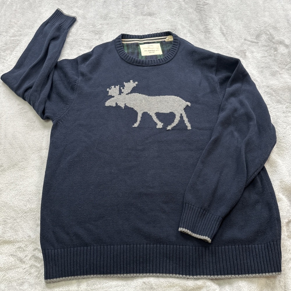 WEATHERPROOF Vintage Sweater Mens Size Large Navy Gray Moose Crewneck Warm